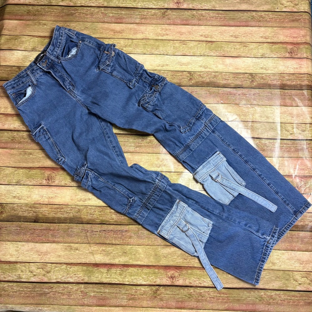 Fashion Nova Cargo Jeans Blue Denim High Waisted Multi Pocket Straight Leg 24